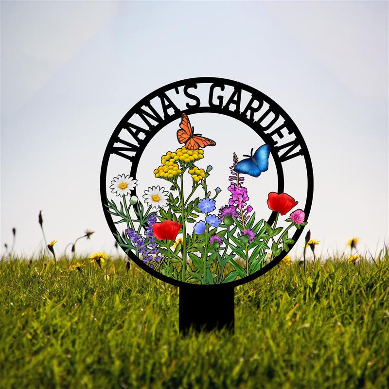 Custom Metal Garden Sign: Butterfly & Flower Design, Personalized Name Sign - HomeyGarden