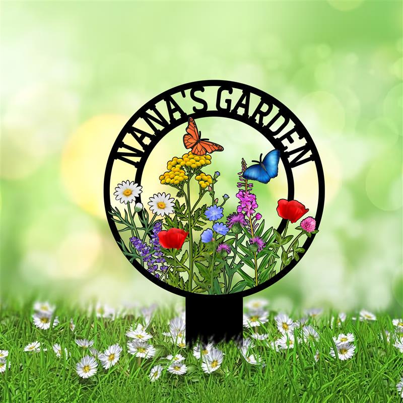 Custom Metal Garden Sign: Butterfly & Flower Design, Personalized Name Sign - HomeyGarden