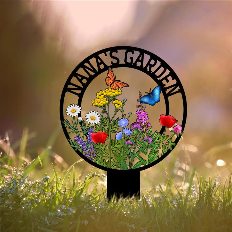 Custom Metal Garden Sign: Butterfly & Flower Design, Personalized Name Sign - HomeyGarden
