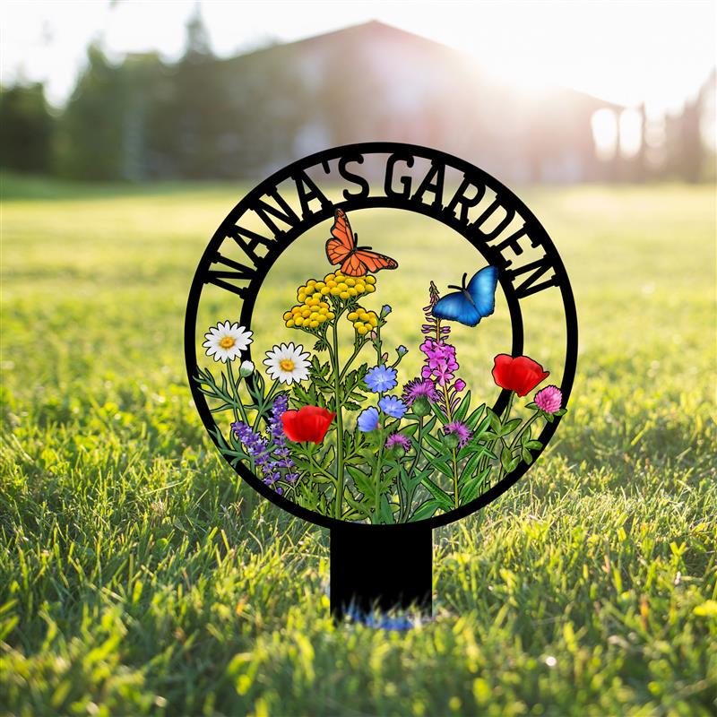Custom Metal Garden Sign: Butterfly & Flower Design, Personalized Name Sign - HomeyGarden